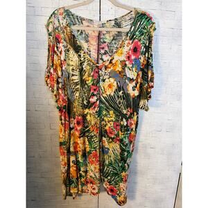 Spense women’s T shirt asymmetrical cold shoulder colorful floral plus size ￼